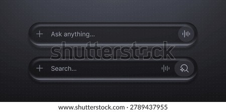 Dark mode search bar and chat input field for ai interface. Neumorphic input box for artificial intelligence assistant. Digital web design element for software application development.
