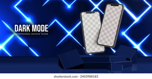 Dark mode smartphones mockup scene with neon hexagons grid vector