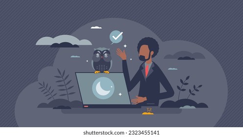 Dark mode tech trend with black background appearance tiny person concept. Software look style with night screen vector illustration. Application contrast colors with sleep screen for nighttime theme