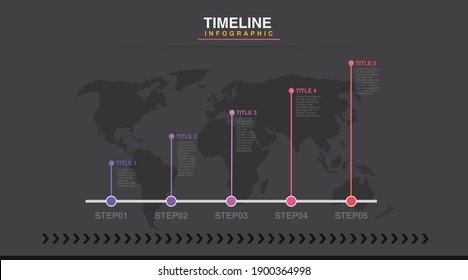 Dark Mode Timeline infographic design circle options. Business concept with 5 steps. Can be used for workflow layout, diagram, annual report, web design. Vector business template for presentation.
