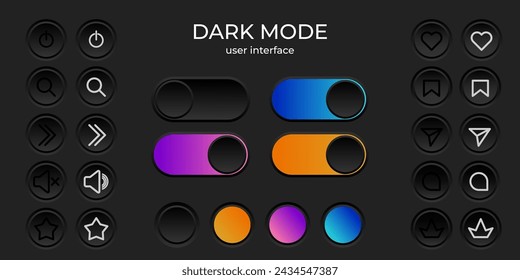 Dark mode ui simple elegant minimalist set of buttons, loading bar design. Black interface elements