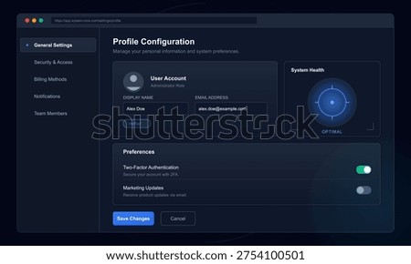 A dark mode user profile configuration dashboard featuring account details, system health status, and security preferences like two-factor authentication on a modern web interface.