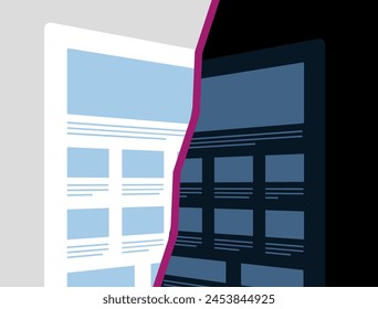 Dark Mode vs Light Mode comparison. User interface preferences, dark and light themes and display settings, visual preferences in web design trends. Vector illustration