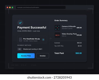 Interface de confirmação de check-out da Web no modo escuro mostrando pagamento bem-sucedido, resumo do pedido, download de produto digital, acesso à fatura e valor total pago em uma interface do usuário moderna.