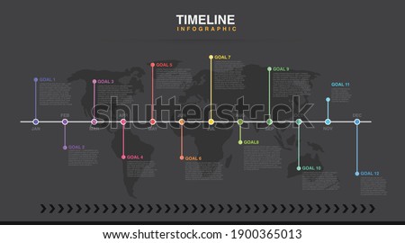 Dark Mode Year planner, 12 months, 1 year, Timeline infographics design vector and Presentation business can be used for Business concept with 12 options, steps or processes, goal 