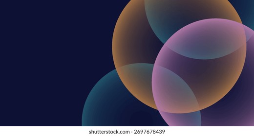 Dark modern abstract background with overlapping transparent gradient circles in orange, blue, and purple tones. Futuristic minimal vector design suitable for posters, web banners, and presentations
