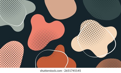 Dark modern abstract background with soft overlapping blob forms, halftone gradients, and white sketch lines. Great for creative layouts and web visuals.
