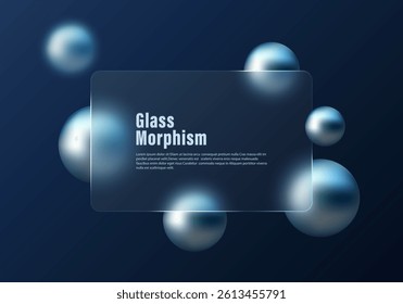 Dark modern background with frosted glass panel and glossy blue 3D spheres, perfect for tech, UI, and digital branding designs.