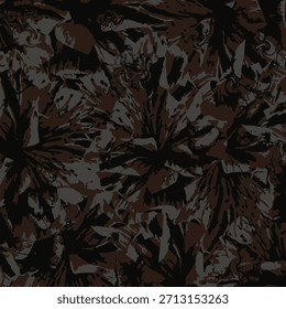 Dunkles modernes Tarnmuster mit braunen und grauen Fragmenten. Abstrakt zerschmetterte geometrische Formen in dunklen Erdtönen. Taktischer militärischer Grunge-Textur-Hintergrund für Spielhäute.