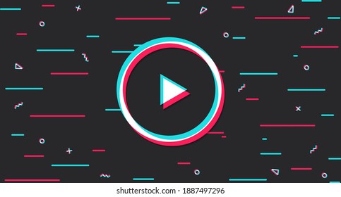 Dark modern digital background with colored elements and a round play button in the center. Vector illustration