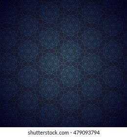 Dark modern Geometric background. Blue  patterned net lace on black  background