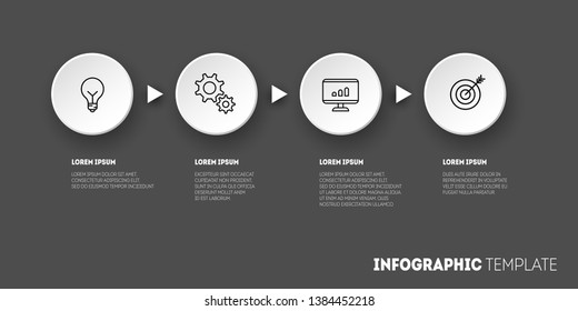 Dark modern infographic design template. 4 circular white elements with icons connected by arrows.  