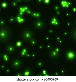 Dark modern low polygon seamless pattern in green colors. Very dark endless pattern with green stars and connecting lines. Night sky with triangles and glowing points. 