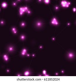 Dark modern low polygon seamless pattern in pink colors. Very dark endless pattern with rose stars and connecting lines. Night sky with triangles and glowing points with gaps.