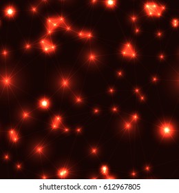 Dark modern low polygon seamless pattern in red colors. Very dark endless pattern with red stars and connecting lines. Night sky with triangles and glowing points. 