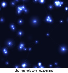 Dark modern low polygon seamless pattern in blue colors. Very dark endless pattern with blue stars and connecting lines. Night sky with triangles and glowing points with gaps.