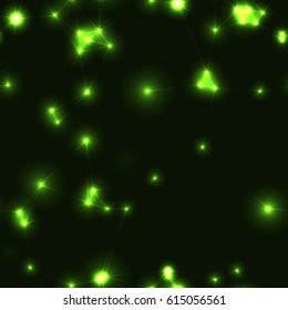 Dark modern low polygon seamless pattern in green colors. Very dark endless pattern with green stars and connecting lines. Night sky with triangles and glowing points with gaps.