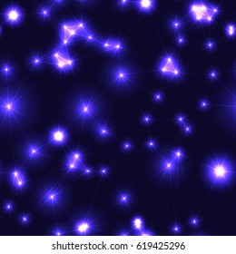 Dark modern low polygon seamless pattern in violet colors. Very dark endless pattern with purple stars and connecting lines. Night sky with triangles and glowing points. 