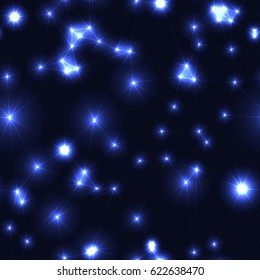 Dark modern low polygon seamless pattern in blue colors. Very dark endless pattern with blue stars and connecting lines. Night sky with triangles and glowing points. 