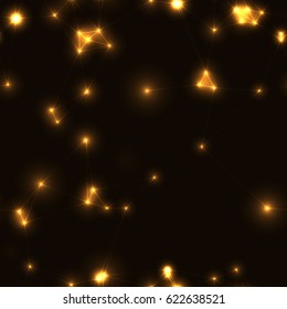 Dark modern low polygon seamless pattern in yellow colors. Very dark endless pattern with gold stars and connecting lines. Night sky with triangles and glowing points with gaps.