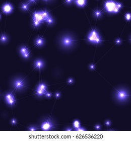 Dark modern low polygon seamless pattern in lilac colors. Very dark endless pattern with purple stars and connecting lines. Night sky with triangles and glowing points with gaps.