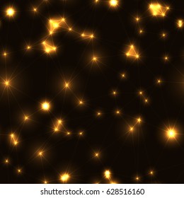 Dark modern low polygon seamless pattern in gold colors. Very dark endless pattern with yellow stars and connecting lines. Night sky with triangles and glowing points. 