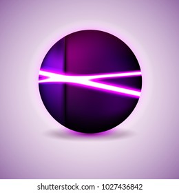 Dark modern neon light logo. Dazzling purple light template vector illustration with shadows. Blinding icon or button. High quality. Electric purple color design. Wallpaper, background, image. 