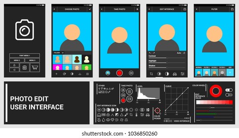 Dark Modern Phone Photo and Video Retouch and Edit Application User Interface Kit HD Resolution with Simple Thin Line Icon and Interface Vector