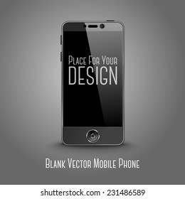 Dark modern smart phone with black screen isolated on grey background with place for your design and branding. Vector