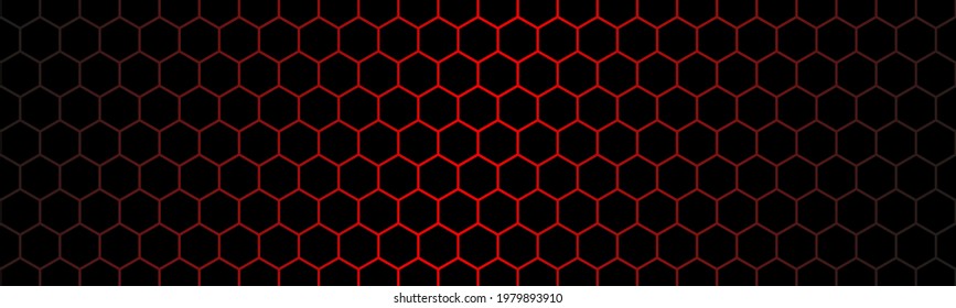 Dark modern technology header with red hexagon mesh. Abstract metal geometric texture banner. Simple vector background