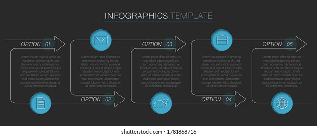 Dark modern text box infographic, Timeline process with 5 options, arrows, Vector illustration