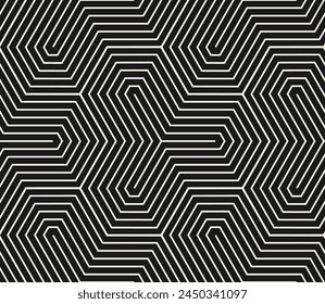 Dark modern vector geometric seamless pattern with thin lines, hexagons, quirky stripes. Black and white abstract background. Simple trendy minimalist linear texture. Repeated monochrome geo design