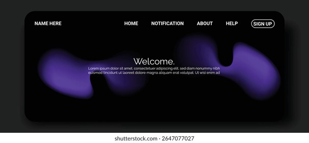 A dark, modern website header with a fluid abstract design in shades of purple.