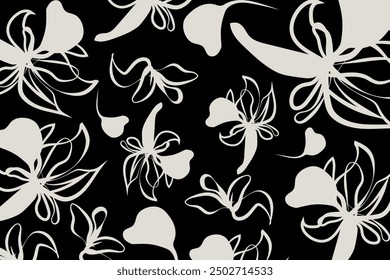 Dark monochromatic floral pattern vector style with soft white abstract flowers contrast sharply against a black background. This creates a striking.