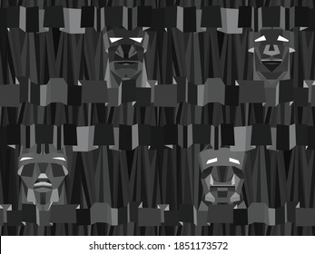 Fondo monocromo oscuro para papel tapiz, patrón geométrico sin costura con rostros robots y adorno geométrico, metal estilizado