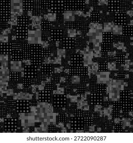 Um padrão digital monocromático escuro com um mosaico denso e aleatório de blocos pixelados cinza a carvão e clusters de grade de pontos em um fundo preto sólido.