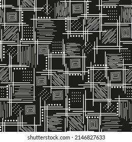 patrón monocromo oscuro sin soldadura con líneas y puntos cruzados. fondo de escritorio sin soldadura