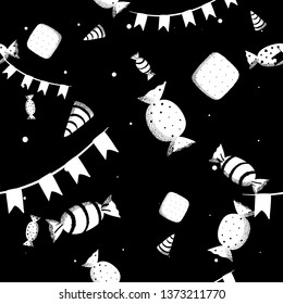 Dark monochrome seamless pattern with holiday flags and sweets.