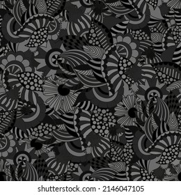 dark monochrome seamless pattern with patterned leaves and hidden flowers. seamless wallpaper