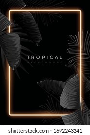 Dark monochrome tropical design with exotic banana leaves, soft neon frames and space for text. Vector summer template for poster, banner, card or flyer.