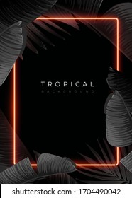 Dark monochrome tropical design with exotic banana leaves, soft neon frames and space for text. Vector summer template for poster, banner, card or flyer.