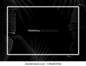 Dark monochrome tropical design with exotic banana leaves, soft neon frames and space for text. Vector summer template for poster, banner, card or flyer.