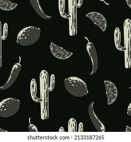 Patrón inoxidable monocromo oscuro con cactus altos, pimienta picante, cal completa y sus rodajas, ilustración vectorial