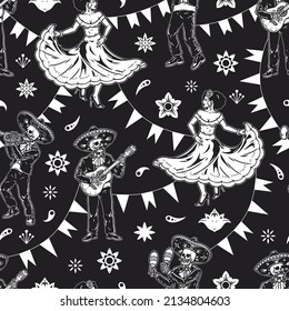 Dark monochrome vintage seamless pattern with Mexican woman in dress dancing, skeleton musicians in sombreros and charro outfits playing guitar, maracas and trumpet on background with simple floral