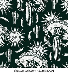 Dark monochrome vintage seamless pattern with joyful mustached cactus in sombrero shaking maracas, tall cactus, sun with twisted circle, vector illustration