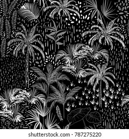 Dark Monotone vector tropical seamless pattern on black and white with palm tree, leaves ,plants ,exotic trees ,in the forest.