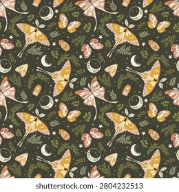 Dark moody cottagecore seamless pattern with mystical moths, vintage butterfly and witchy insects. Deep forest green gothic nursery wallpaper background vector.
