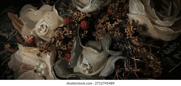 Fundo floral escuro e temperado. Pintura a óleo estilo gótico de rosas brancas murchas. Ilustração de flor estilo renascentista elegante para embalagens de luxo e arte de parede.