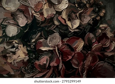 Dark moody floral background. Gothic style oil painting of withered white roses. Elegant renaissance style flower illustration for luxury packaging and wall art. Vintage watercolor art