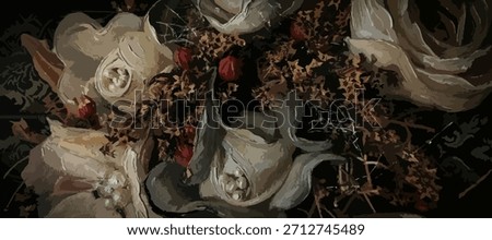 Dark moody floral background. Gothic style oil painting of withered white roses. Elegant renaissance style flower illustration for luxury packaging and wall art. Vintage watercolor art
